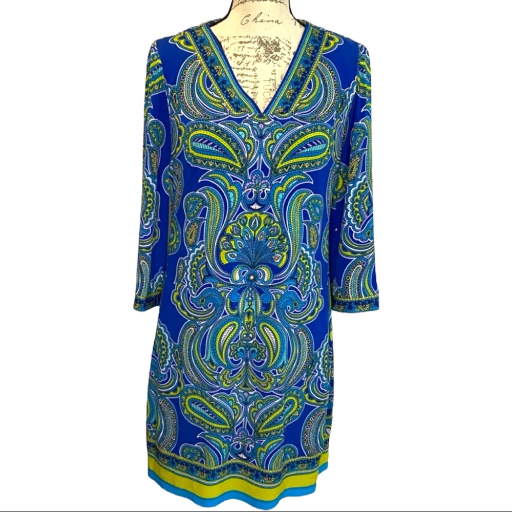 Laundry‎ By Shelli Segal V-neck Lined Pullover Dress Paisley Floral Scroll Print